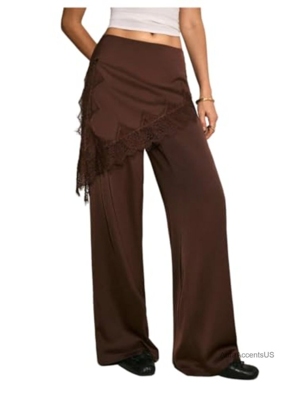 Wide Leg Silk Satin Pants with Lace Trim Double Layer Skirt